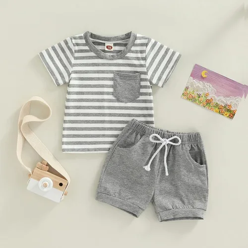 Miniatura 16 de Conjunto de ropa casual de manga corta con botones y pantalones cortos de lino para bebés y niños pequeños