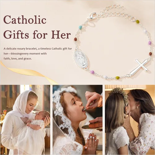 Miniatura 6 de Pulsera de cruz católica de la Virgen María para niñas y mujeres, pulsera de cuentas de rosario, primera comunión, confirmación, bautismo, madrina