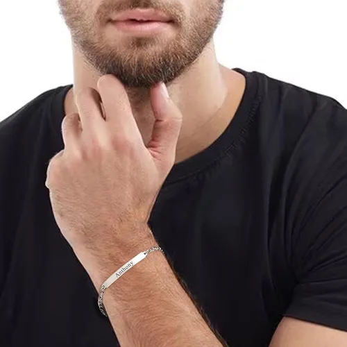 Miniatura 3 de LeCalla Pulsera personalizada con nombre de identificación personalizada grabada Pulsera de identificación de barra de eslabones para hombre