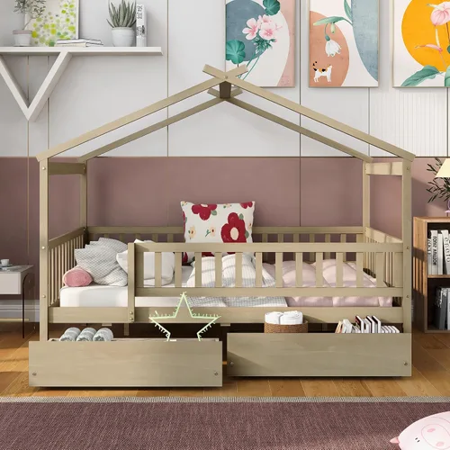 Miniatura 3 de Cama de casa matrimonial para niños, cama Montessori de tamaño matrimonial con 2 cajones de almacenamiento, barandillas y techo, cama