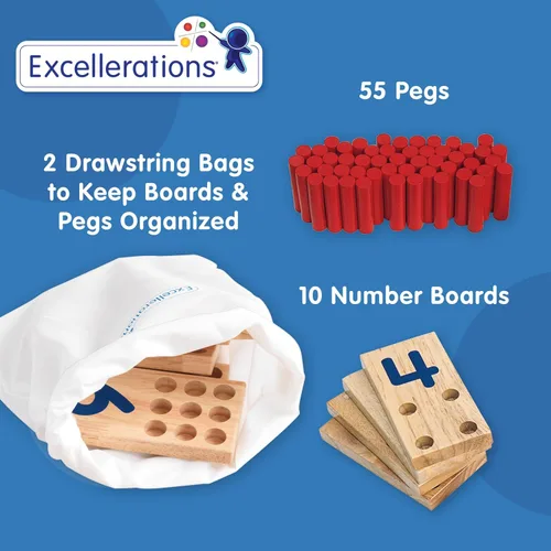 Miniatura 4 de Excellerations Tablero de números de clavija, incluye: 10 tablas de madera de goma + 55 clavijas de madera + bolsa de almacenamiento