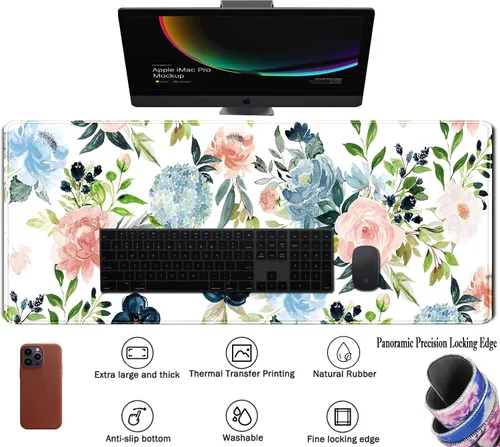 Miniatura 3 de Alfombrilla de escritorio verde para videojuegos, alfombrilla de mouse de escritorio, morado, azul, rosa, floral, grande, XL, grande, para teclado