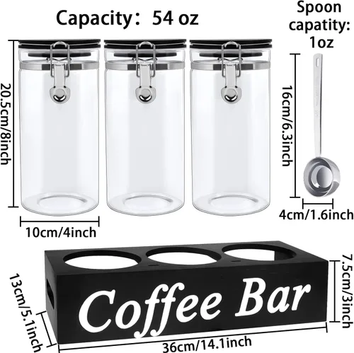 Miniatura 2 de WYTAOHZL 3 recipientes de café de vidrio con estante, organizador de estación de café de 54 oz, almacenamiento de granos de vidrio con cuchara