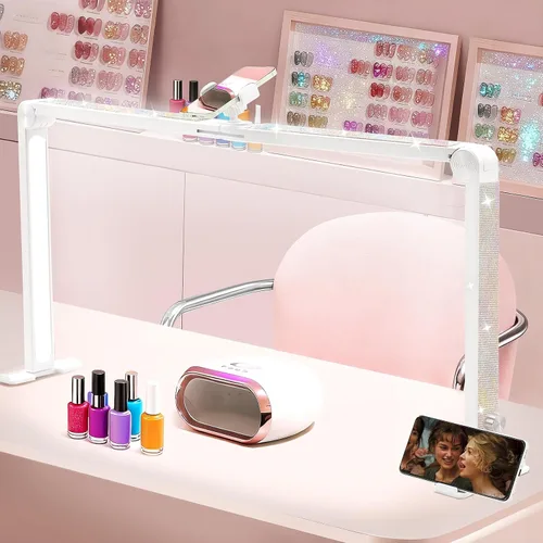 Nail Tech - Lámpara para escritorio, luz de media luna grande de 34 pulgadas con soporte para teléfono, brillo de 48 W, luz de arco ajustable para