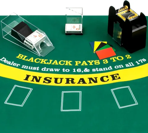 Miniatura 6 de Aoriher Juego Combinado de Blackjack, Incluye Fieltro de Diseño de Blackjack, Zapato Barajador Automático de Cartas de 6 Mazos, Bandejas Porta Verde