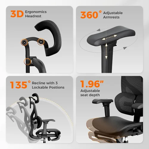 Miniatura 7 de OTO Zenpex Silla de oficina ergonómica de malla, profundidad de asiento ajustable de 1.96 pulgadas, soporte lumbar dinámico, reposapiés extensible