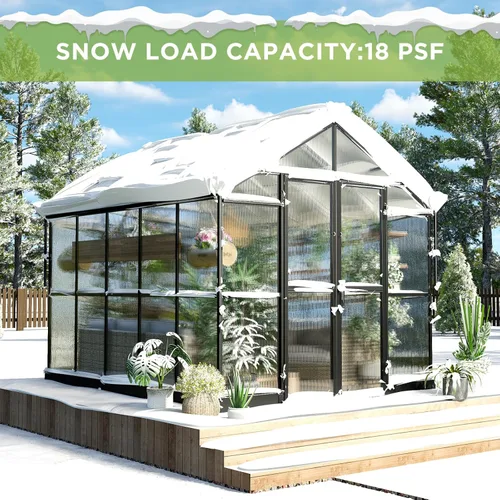 Miniatura 7 de HOWE Invernadero de policarbonato de 8 x 10 x 7.5 pies, 2 rejillas de ventilación, altura de pared añadida de 5.2 pies, gran invernadero de invierno