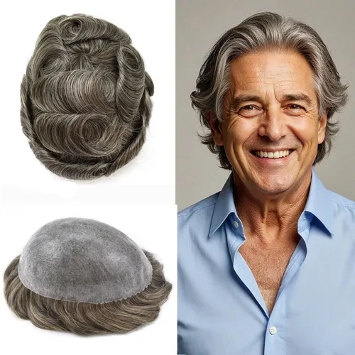 Miniatura 47 de Peluca completa de poliuretano para hombre, sistemas de reemplazo de cabello humano, piel fina y duradera, para hombre, prótesis de cabello