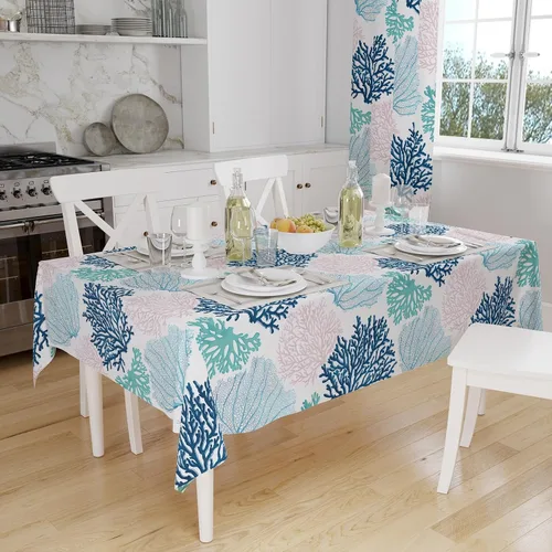 Miniatura 3 de Mantel rectangular náutico costero con estampado de coral, diseño de playa, decorativo impermeable para comedor al aire libre, cocina, sala