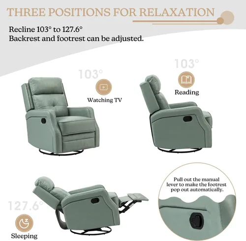 Miniatura 5 de HULALA HOME Sillón reclinable giratorio de cuero genuino con respaldo ajustable y reposapiés, silla reclinable manual para sala de estar