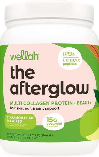 Wellah The Afterglow Multi Collagen Protein + Beauty (30 porciones, canela pera) - Soporte para cabello, piel, uñas y articulaciones, sin OMG y sin