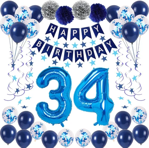 Miniatura 25 de Decoraciones de fiesta de cumpleaños azul número 12 para niños y niñas, suministros de globos de feliz cumpleaños 12 con pancarta de feliz Azul-a-31