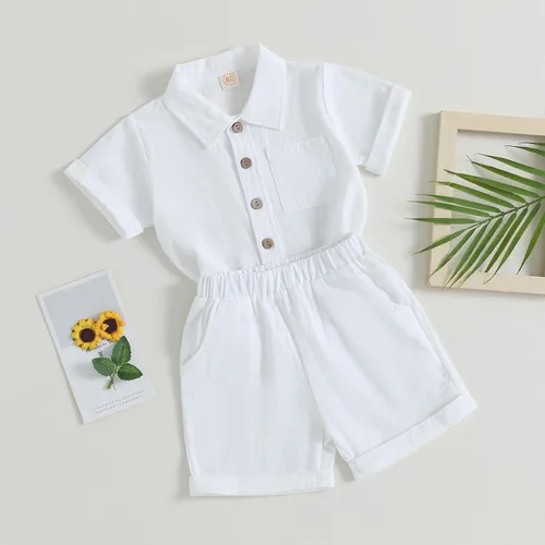 Miniatura 3 de AEEMCEM Conjunto de 2 piezas de camisa y pantalones cortos de algodón de lino de algodón de color liso para niños pequeños