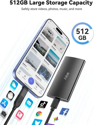 Miniatura 4 de Aiibe 500GB Unidad de Estado Sólido Externa USB C SSD Portátil USB 3.2 Gen 2, Hasta 1050MB/s, SSD Externa 500GB Disco Duro Externo para iPhone