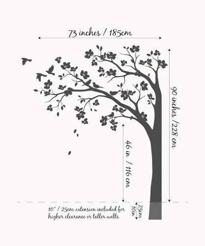 Miniatura 2 de Adhesivo decorativo para pared de árbol de esquina grande con flores grandes, pájaros y hojas para cuarto de bebé, mural 087