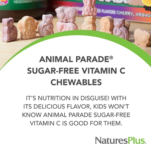 Miniatura 3 de NaturesPlus Animal Parade Vitamina C para niños sin azúcar, sabor a jugo de naranja natural, 90 tabletas masticables en forma de animales, apoyo