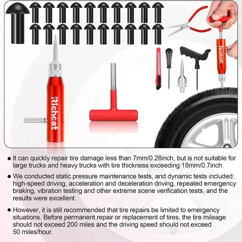 Miniatura 8 de Kit de reparación de neumáticos sin cámara Richcat con tapón de seta, repara pinchazos y neumáticos planos para motocicletas, coches, camiones
