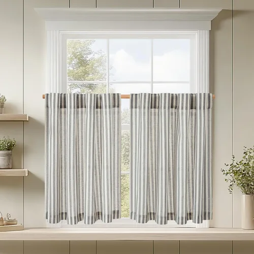 Miniatura 20 de jinchan - Cortinas de lino a rayas para cocina de 20 pulgadas de largo, cortinas de varios niveles, estilo granja moderna de café, tratamientos