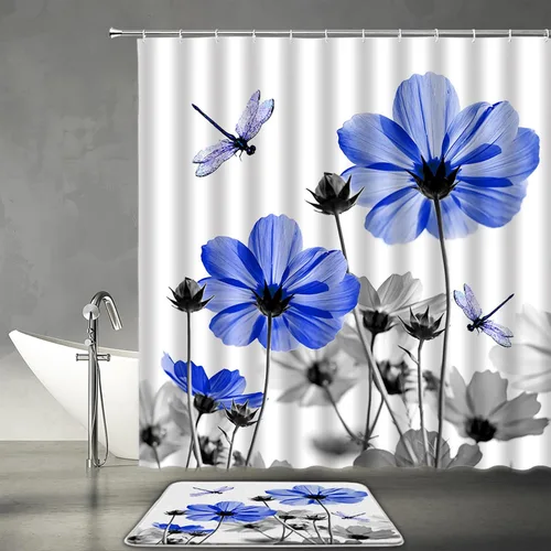 Miniatura 14 de Cortina de ducha floral azul y gris, planta rústica, retro, margarita, abstracta, elegante, natrue de tela con ganchos