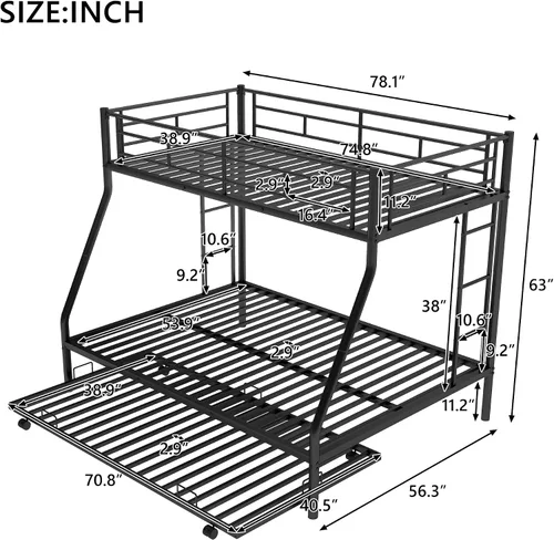 Miniatura 2 de Litera individual sobre cama matrimonial con nido, marco de cama de metal con escaleras de dos lados, no necesita caja de resortes, color negro