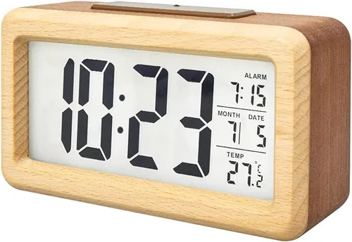 Miniatura 6 de Everwood - Relojes de alarma digitales grandes de madera para dormitorios con pantalla LCD de números grandes, función de repetición, funciona