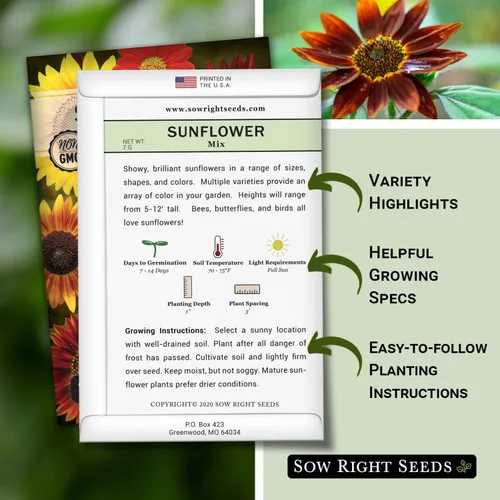 Miniatura 2 de Sow Right Seeds - Semillas de girasol mixtas para plantar - Paquete de reliquia sin OMG con instrucciones (idioma español no garantizado) - Gran