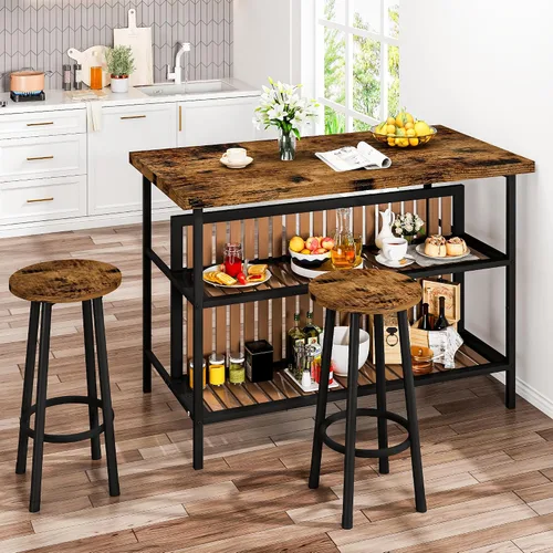 Miniatura 10 de DKLGG Juego de mesa de comedor de 3 piezas para 2, isla de cocina con asientos y almacenamiento, juego de mesa de bar industrial y sillas, juego