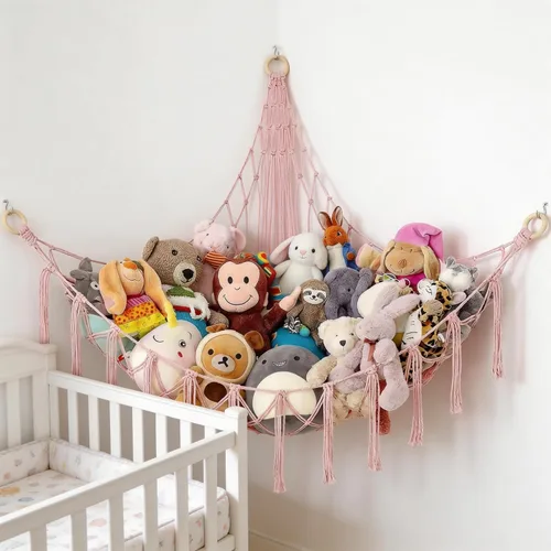 Miniatura 7 de Hamaca de almacenamiento de animales de peluche colgante rosa, organizador de red grande para cosas de animales, lindos muebles, organización