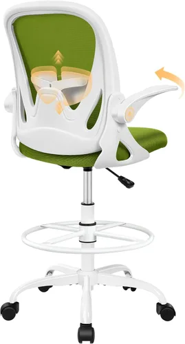 Primy Silla de dibujo alta de oficina con reposabrazos abatibles, silla de escritorio ergonómica ejecutiva para computadora con soporte lumbar y