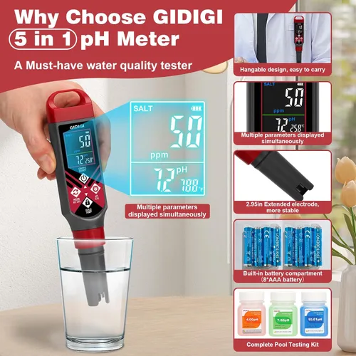 Miniatura 4 de Medidor digital de pH de piscina y probador de sal con batería AAA 5 en 1 pluma de pH Medidor de pH de sal roja