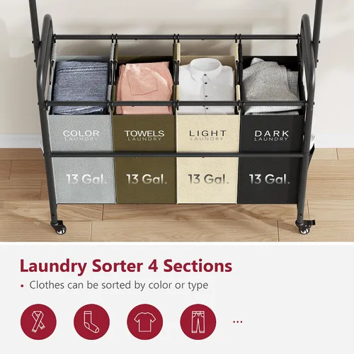 Miniatura 4 de Tajsoon Carrito Clasificador de Lavandería con Perchero para Colgar Ropa, Organizador de 3 Cestas Clasificadoras Butler, Carrito Cesto de Lavandería