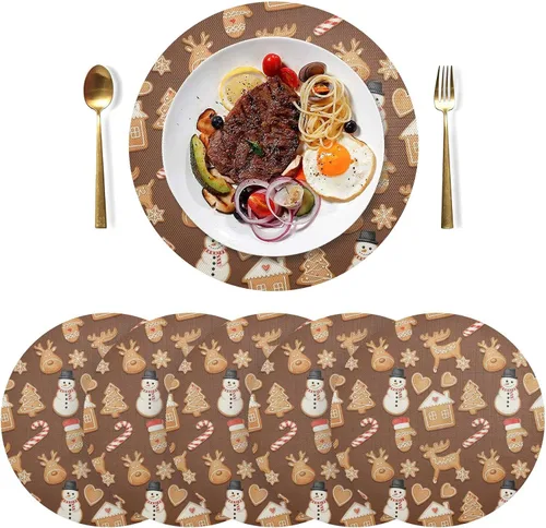 Miniatura 3 de Christmas Gingerbread Cookies Brown Round Table Placemats, Non Slip Washable Kitchen Table Mat for Kitchen Table one sizex6