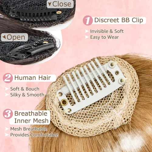Miniatura 6 de Flequillo con clip, extensiones de cabello humano 100 % real, flequillo con clip para mujer, extensiones curvadas para uso diario