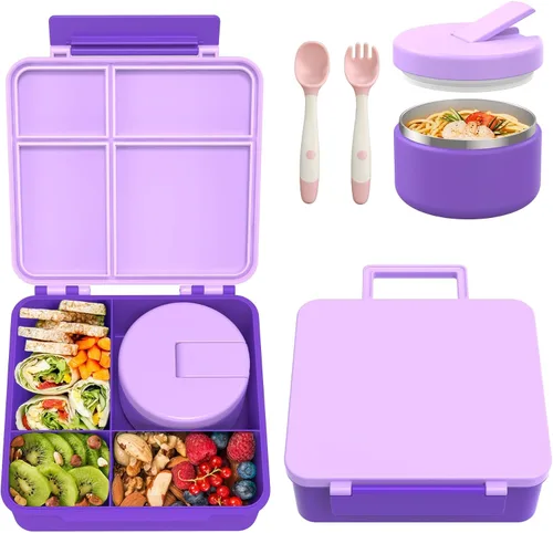 Pawtong Lonchera Bento con termo de sopa de 8 onzas, recipientes de comida a prueba de fugas para niños con 4 compartimentos, recipiente de comida