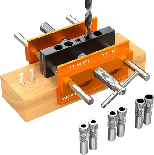 Miniatura 8 de BLEKOO Kit de plantilla de taco autocentrada, plantilla de taladro para agujeros rectos, set de unificador de galletas con 6 bujes de guía