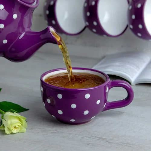 Miniatura 4 de City to Cottage Taza de cerámica hecha a mano con diseño de lunares morados y blancos, taza única extra grande de 17.5 onzas / 16.9 fl oz de Púrpura