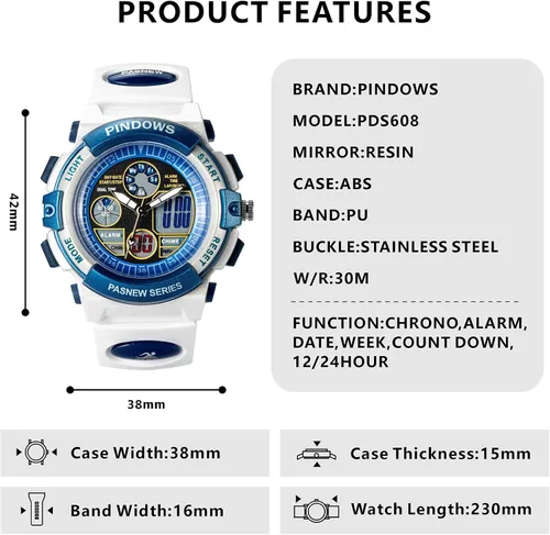 Miniatura 2 de PINDOWS Reloj para niños, reloj deportivo digital multifuncional para niños y niñas de 5 a 15 años, resistente al agua, deportes al aire libre