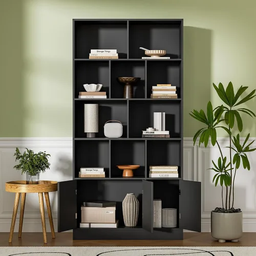 Miniatura 7 de Housoul Estantería de 71 pulgadas de alto con 10 cubos y 3 puertas, estantería de 4 niveles, estantería abierta con gabinete, organizador de Negro
