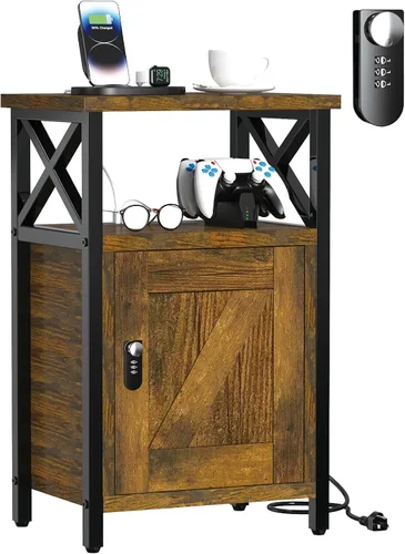 Miniatura 13 de runjuly Mesita de noche de madera con cerradura, mesa auxiliar de cama con cajones, mesita de noche con estación de carga, 3 USB y 2 tomas, mesita