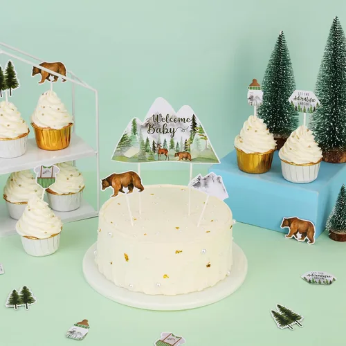 Miniatura 4 de Decoraciones para baby shower con texto en inglés "Let the Adventure Begin", 25 decoraciones para cupcakes, nuestra mejor decoración de aventura