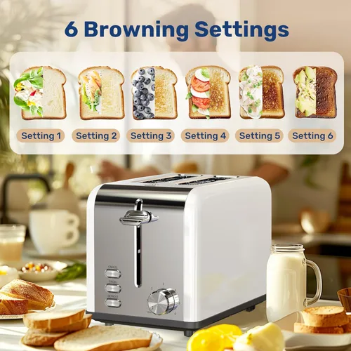 Miniatura 6 de YSSOA Tostadora de acero inoxidable de 2 rebanadas, 6 ajustes de tostado y 3 funciones, ranura extra ancha y bandeja extraíble para migas, para pan