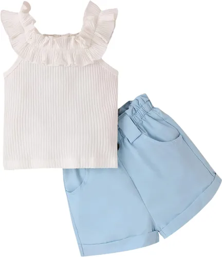Miniatura 98 de TheFound Trajes de verano para niñas pequeñas, sin mangas, de punto acanalado, halter, pantalones cortos, ropa para recién nacidos, conjunto de 3