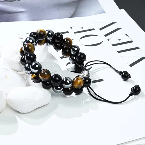Miniatura 11 de Triple Protection Bracelet Natural Black Obsidian Tigers Eye Hematite Beads Crystal Bracelet Healing Bracelets for Men Women Bring Prosperity Luck