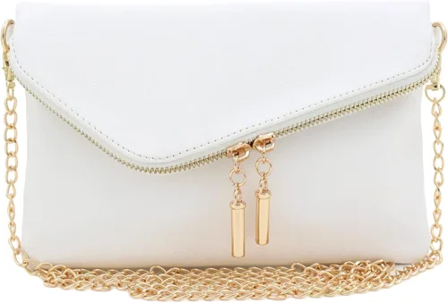 Bolso cruzado tipo sobre que se puede llevar sobre la muñeca con correa de cadena, blanco, talla única