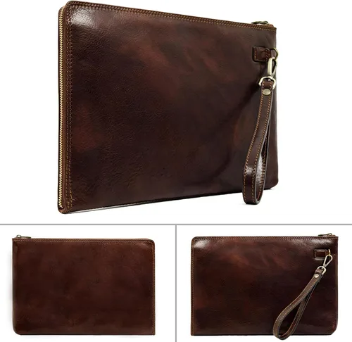 Miniatura 4 de Bolso de mano de cuero para hombre, organizador de muñeca, maletín hecho a mano en Italia, resistencia al tiempo, Marrón
