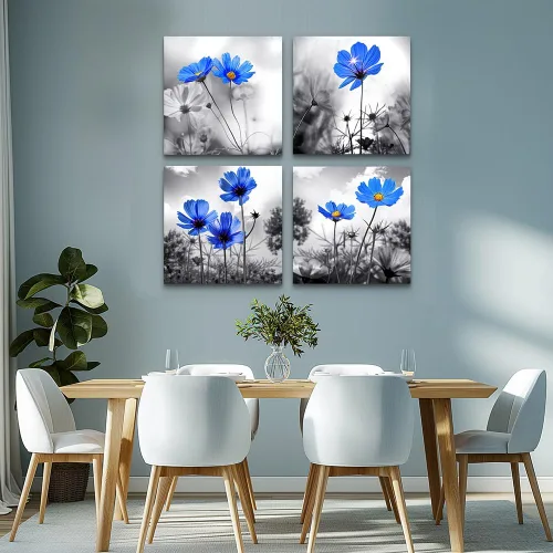 Miniatura 5 de Arte de pared para sala de estar, diseño de flores azules cian en blanco y negro, impresiones en lienzo grande para decoración de pared, obras