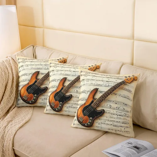 Miniatura 4 de Guitar Print Double Sides Print Pillow Covers 16"x16",Music Themed Bass Instruments Pillowcase Soft Square Cushion Cases,Rustic Music Score Note