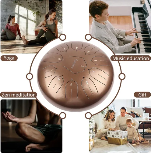 Miniatura 5 de Tambor de lengua de acero de 12 pulgadas, 11 notas para adultos, instrumento etéreo de metal para meditación y yoga con libro de música, mazos