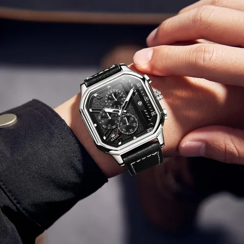 Miniatura 2 de OLEVS Chronograph Watch for Men, Men Leather Watch Big Face, Waterproof Men's Quartz Watch with Date, BlackWhiteGoldBlue Dial
