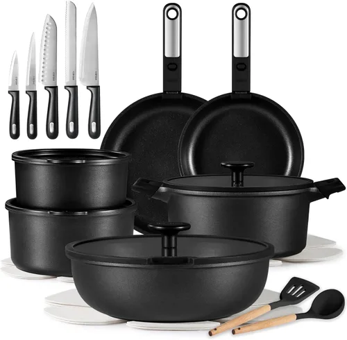 Miniatura 11 de CAROTE - Juego de 14 piezas de ollas y sartenes antiadherentes, juego de utensilios de cocina de cerámica, juego de cocina de cocina no tóxico, Avena